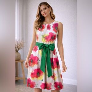 Floral Sleeveless Dress with Green Bow